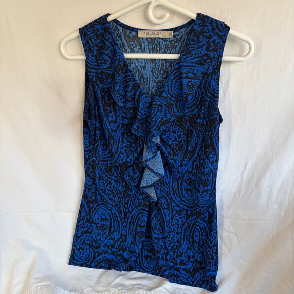 The Limited women’s v-neck sleeveless top. Blue/black with ruffle front. Size S - Picture 5 of 5